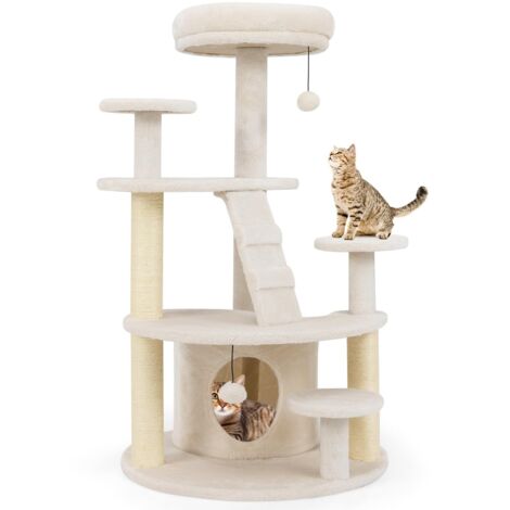 Albero per gatti XXL 101 cm, 2 tiragraffi in sisal, 7 piattaforme, Casetta, Scala di arrampicata, 2 nappe sospese, per gatti anziani/nani, Beige
