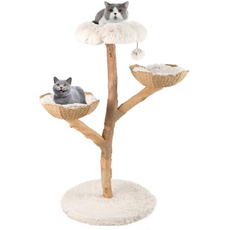 Albero per gatti XXL 122 cm, Albero per gatti in legno massello, 2 cestini in rattan, 2 piattaforme, Tiragraffi in iuta, Torre per gattini, Nappa sospesa