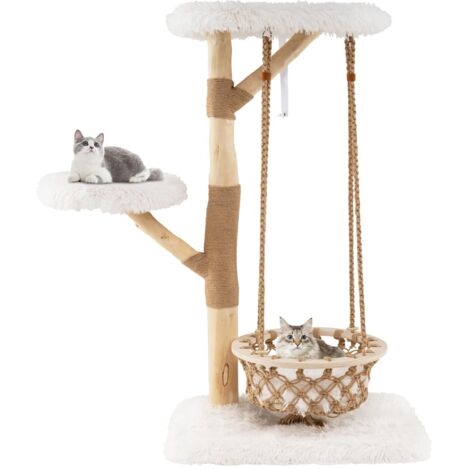 Albero per gatti XXL 123 cm, Albero per gatti in legno di pero, Altalena con amaca, Tiragraffi in juta, 3 piattaforme, Cuscino rimovibile, 70 x 50 x 123 cm
