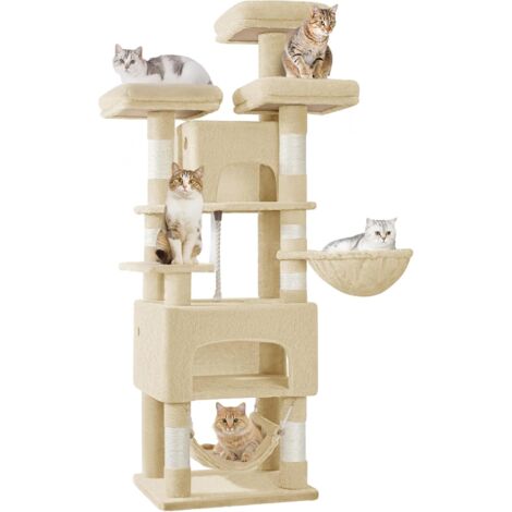Albero per Gatti XXL 176 cm Tiragraffi Robusto con 3 Piani, 2 Lettini a Grotta, 7 Colonne in Sisal e Amaca, per più Gatti, Beige
