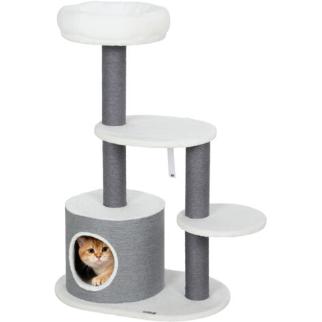 Albero tiragraffi con 1 cuccia, 1 lettino, 2 piattaforme, pali in corda di iuta, bianco + grigio