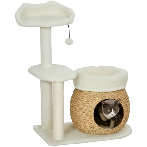 Albero tiragraffi con cuccia, pallina e piattaforma, in canna/sisal, portata massima 10 kg, dimensioni 60 x 40 x 79 cm, colore bianco crema.