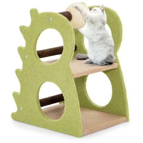 Albero tiragraffi moderno a 2 livelli da interno tessuto peluche morbido, Torre per gatti a forma di dinosauro con palla girevole in sisal Verde