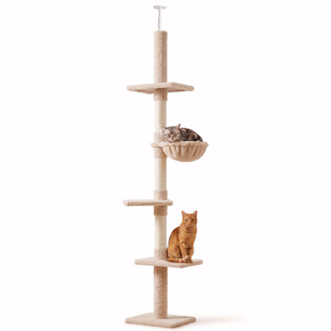 Albero Tiragraffi Multilivello a Soffitto con Amaca e Altezza Regolabile, 40x34x230-260cm, Beige
