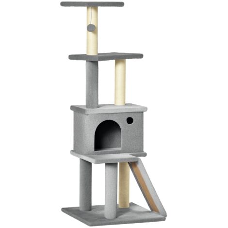 Albero Tiragraffi Multilivello con Casetta 48x48x125 cm Rivestimento in Peluche e Sisal Grigio