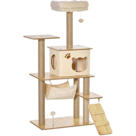 ALBERO TIRAGRAFFI MULTILIVELLO CON CASETTA, AMACA, SCALETTA E CORDE IN JUTA, RIVESTIMENTO PELUCHE, 60X40X130CM, GIALLO