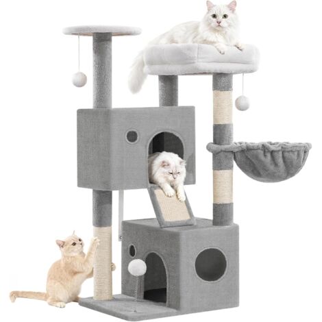 Albero Tiragraffi per Gatti 108 cm, Torre per Gatti da Interno con Tiragraffi, Comode Grotte, Posatoi, Palline di Peluche, Cestino per Gatti, Tavola Tiragraffi, Grigio Chiaro