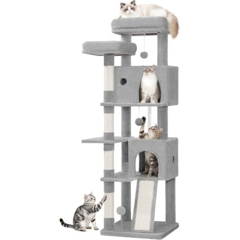 Albero Tiragraffi per Gatti 152 cm, Torre per Gatti da Appartamento con Pali in Sisal, Tavola Tiragraffi, 2 Comodi Condomini, 2 Trespoli, Pompon, Zona Relax, Grigio Chiaro