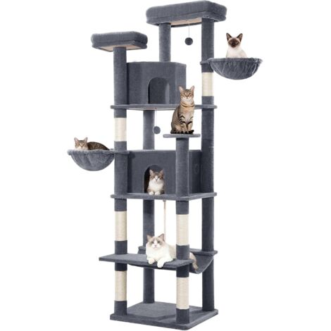 Albero Tiragraffi per Gatti 216 cm, Torre per Gatti a Più Livelli con Tiragraffi, 2 Comodi Condomini, 2 Trespoli, 2 Cestini, Amaca, per Uso Interno, Grigio Scuro