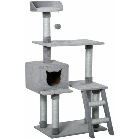 Albero Tiragraffi per Gatti 60,5x40x124 cm con Casetta e Corda di Juta Grigio