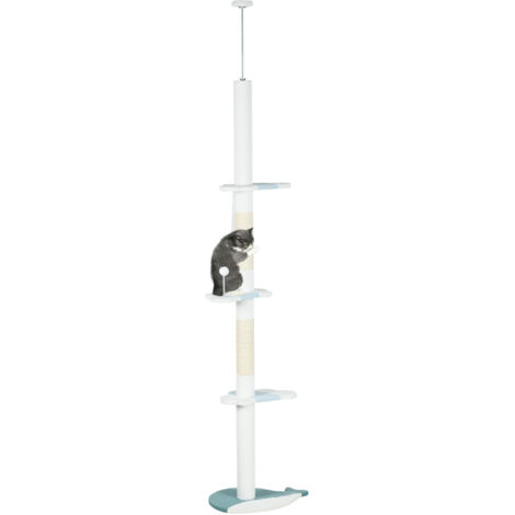 Albero Tiragraffi per Gatti a Soffitto con Palo Regolabile da 225-255 cm in Peluche Bianco