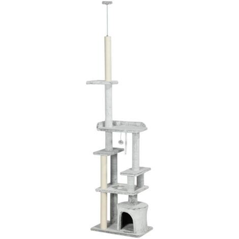 ALBERO TIRAGRAFFI PER GATTI A SOFFITTO CON PIATTAFORME E CASETTA. 60X40X225-255CM. GRIGIO