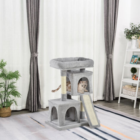 Albero Tiragraffi per Gatti Adulti e Gattini con Pali in Sisal, Lettino e 2 Casette con Rivestimento in Peluche, 59x39x83cm, Grigio Chiaro