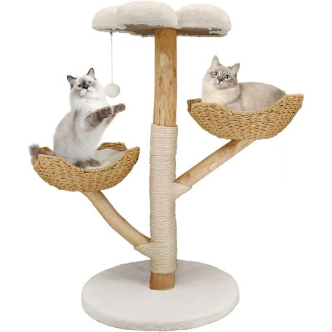 Albero Tiragraffi per Gatti Alto 111cm Molto in Legno Massello per Arrampicarsi Dormire Giochi