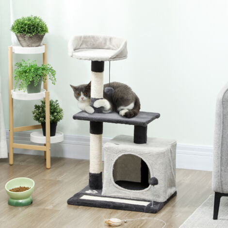 Albero Tiragraffi per Gatti Alto 85 cm, Torre per Gatti e Gattini con Casetta, Lettino Superiore, Pallina, Pali in Sisal e Tappetino Tiragraffi, Grigio Chiaro