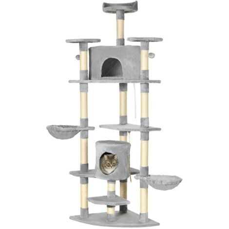 ALBERO TIRAGRAFFI PER GATTI ALTO CON CASETTE E AMACHE. 60X60X200CM. GRIGIO CHIARO