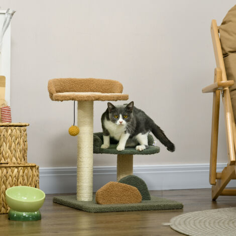 Albero Tiragraffi per Gatti con 2 Piattaforme Lettini, Pallina Appesa e Rivestimento in Velluto, 43x39x52cm, Multicolore