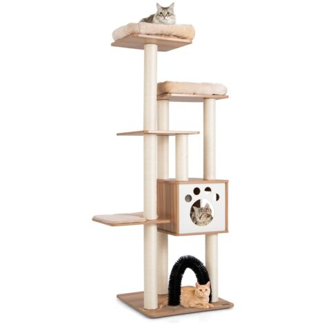 Albero tiragraffi per gatti con 2 trespoli in tessuto felpato arco massaggiante, Albero per gatti alto Beige