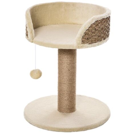 ALBERO TIRAGRAFFI PER GATTI CON LETTINO. PALO IN JUTA E PALLINA APPESA. 40X40X49CM. BEIGE