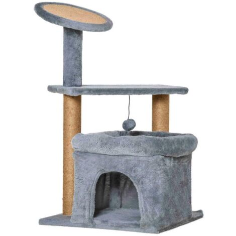 ALBERO TIRAGRAFFI PER GATTI CON PALI IN CORDA JUTA. CASETTA E CUSCINO PER GATTI. RIVESTIMENTO IN PELUCHE. ALTEZZA 84CM - GRIGIO