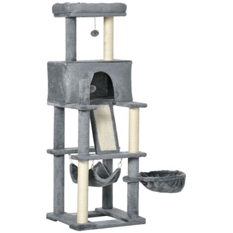ALBERO TIRAGRAFFI PER GATTI CON PALI IN SISAL. CASETTA. LETTINO E AMACHE. 48X48X140CM. GRIGIO