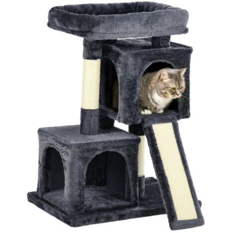 Albero Tiragraffi per Gatti con Pali in Sisal, Lettino e 2 Casette, 59x39x81cm, Grigio Scuro