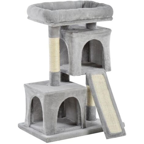 ALBERO TIRAGRAFFI PER GATTI CON PALI IN SISAL. LETTINO E 2 CASETTE. 59X39X83CM. GRIGIO