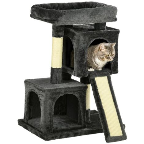 ALBERO TIRAGRAFFI PER GATTI CON PALI IN SISAL. LETTINO E 2 CASETTE. 59X39X83CM. NERO