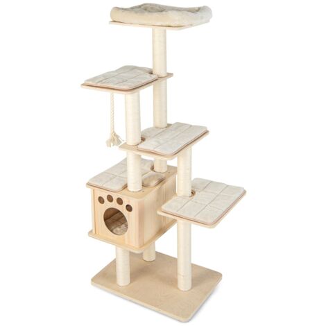 Albero tiragraffi per gatti con trespolo superiore nicchia in legno pali tiragraffi, Torre per gatti 170cm Naturale