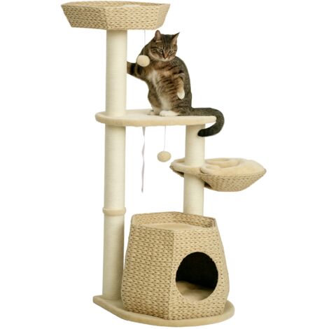 Albero tiragraffi per gatti da interno, centro attività per arrampicarsi, mobili per gattini con cuccia in pelo di tifa, condominio in sisal, tiragraffi con palla sospesa, 50 x 50 x 119 cm, naturale.