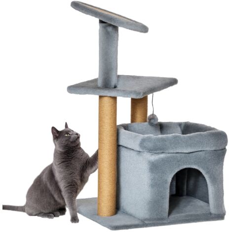 Albero tiragraffi per gatti da interno, con cuccia, tappetino tiragraffi, trespolo e pallina interattiva, 48 x 48 x 84 cm, grigio.