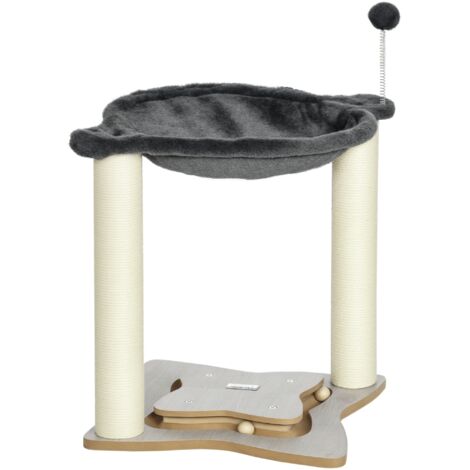 Albero tiragraffi per gatti fino a 5 kg con giocattolo pendente, palline e pali in sisal, torre per gatti in MDF e peluche, 53,5x53,5x66 cm, grigio