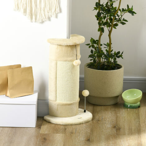 Albero Tiragraffi per Gatti Fino a 5kg con 2 Palline, Tappetino in Sisal e Rivestimento in Peluche, 34x25.5x58cm, Beige