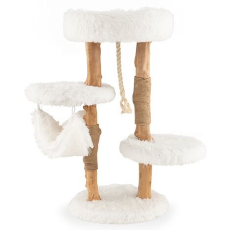 Albero tiragraffi per gatti in legno con pali di corda di iuta, Mobile per gatti con piattaforma e amaca Bianco