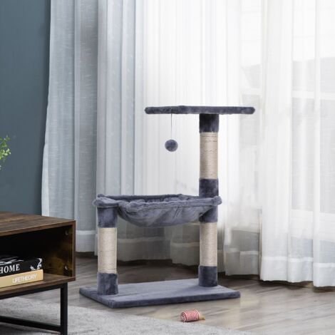 Albero Tiragraffi per Gatti in Legno e Peluche, Torre per Gatti con Pallina Appesa e Amaca, 50x36x70 cm, Grigio