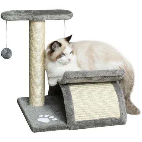 ALBERO TIRAGRAFFI PER GATTI IN PELUCHE CON PALO IN SISAL. CUCCIA E 2 PALLINE. 40X30X43CM. GRIGIO