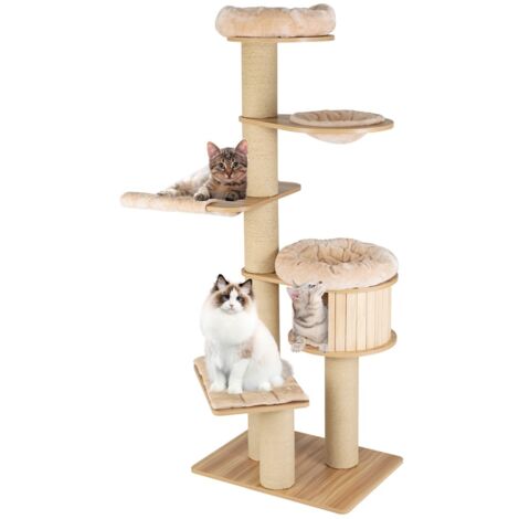 Albero tiragraffi per gatti moderno e alto, Albero per gatti multistrato con nicchia in legno trespolo Beige