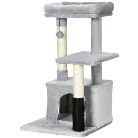 ALBERO TIRAGRAFFI PER GATTI MULTILIVELLO CON LETTINO E CASETTA. RIVESTIMENTO IN PELUCHE. GRIGIO