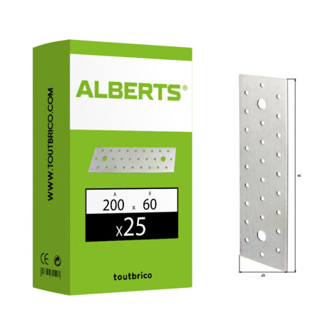 Alberts 847234 Platine d'assemblage, galvanisée Sendzimir, 200 x 60 mm, Set de 25 pièces