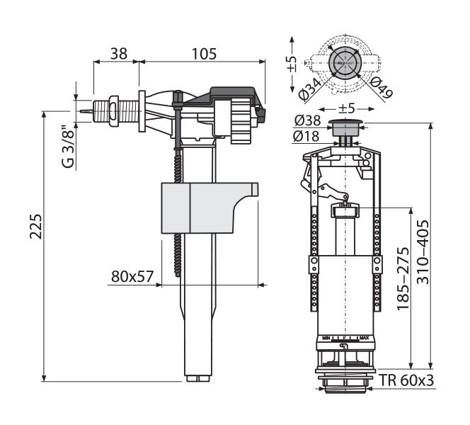 Alcaplast - Mécanisme de chasse d'eau avec le bouton stop et alimentation latérale SA2000 3/8