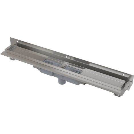 Alcadrain APZ1104 Flexible Low Duschrinne mit Rand für den perforierten Rost und mit einstellbarem Kragen zur Wand, Abfluss senkrecht 850 mm