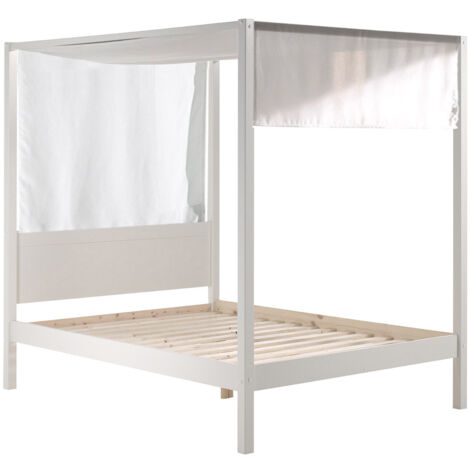 ALCOVE - Lit Baldaquin en Pin Laqué Blanc 140x200cm avec Voilage Blanc