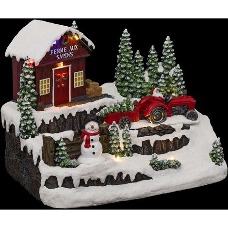 Aldea iluminada muñeco de nieve y tractor 10 LED H.23cm musical - Feeric lights & christmas