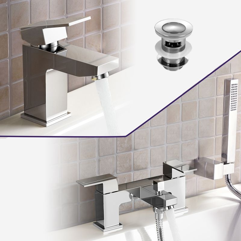 Neshome - Aldo Bathroom Chrome Solid Brass Basin Mixer Tap & Bath Shower Mixer Tap + Waste
