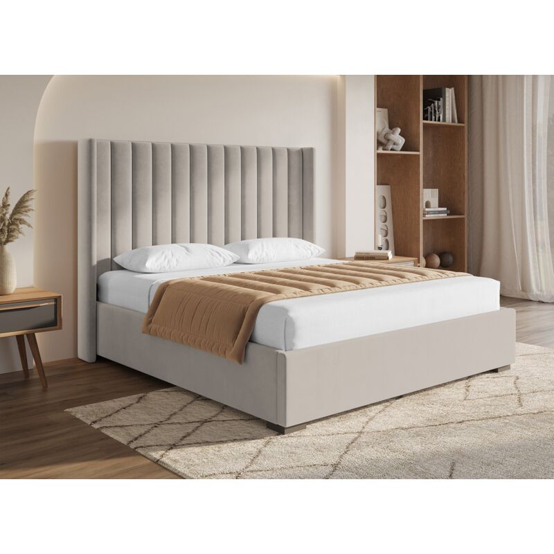 Lit coffre en velours taupe 180x200 cm alena