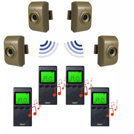 Alerte de passage sans fil longue distance 700m - 4 détecteur de mouvements autonomes (piles) + 4 bipeurs mobiles (HEYO)