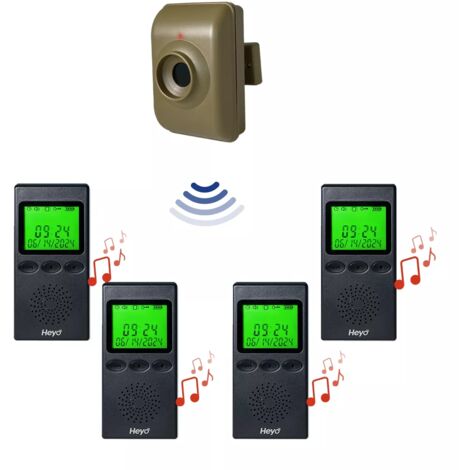 Alerte de passage sans fil longue distance 700m - Détecteur de mouvements autonome (piles) + 4 bipeurs mobiles (HEYO)
