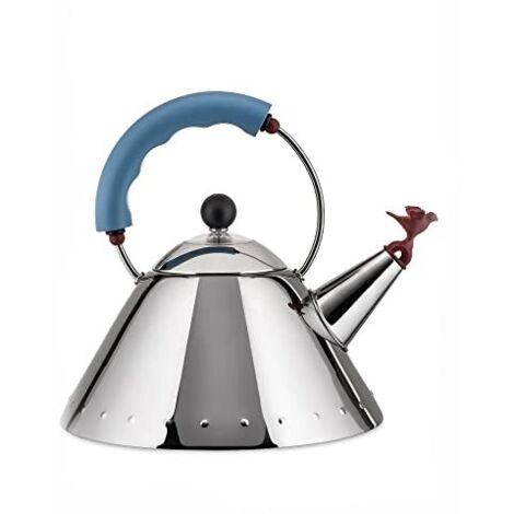 Alessi 9093 Bollitore Con Manico E Fischietto A Uccellino Di Design In Acciaio Inox, Azzurro, 21.59 x 21.59 x 22.86 cm, 270 grammi