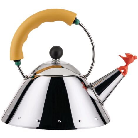 Alessi Kettle 9093/1 Y - Bollitore di Design, Adatto a Cottura ad Induzione, Fondo in Acciaio Inossidabile Lucido 18/10 con Manico e Fischietto a Uccellino in PA, Giallo, 100cl
