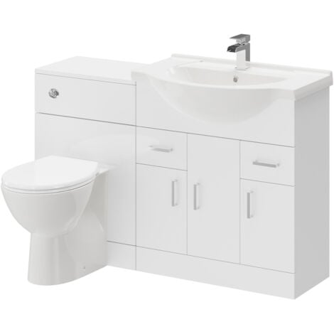 Alexander James Gloss White 1250mm 3 Door 2 Drawer Vanity Unit Toilet Suite
